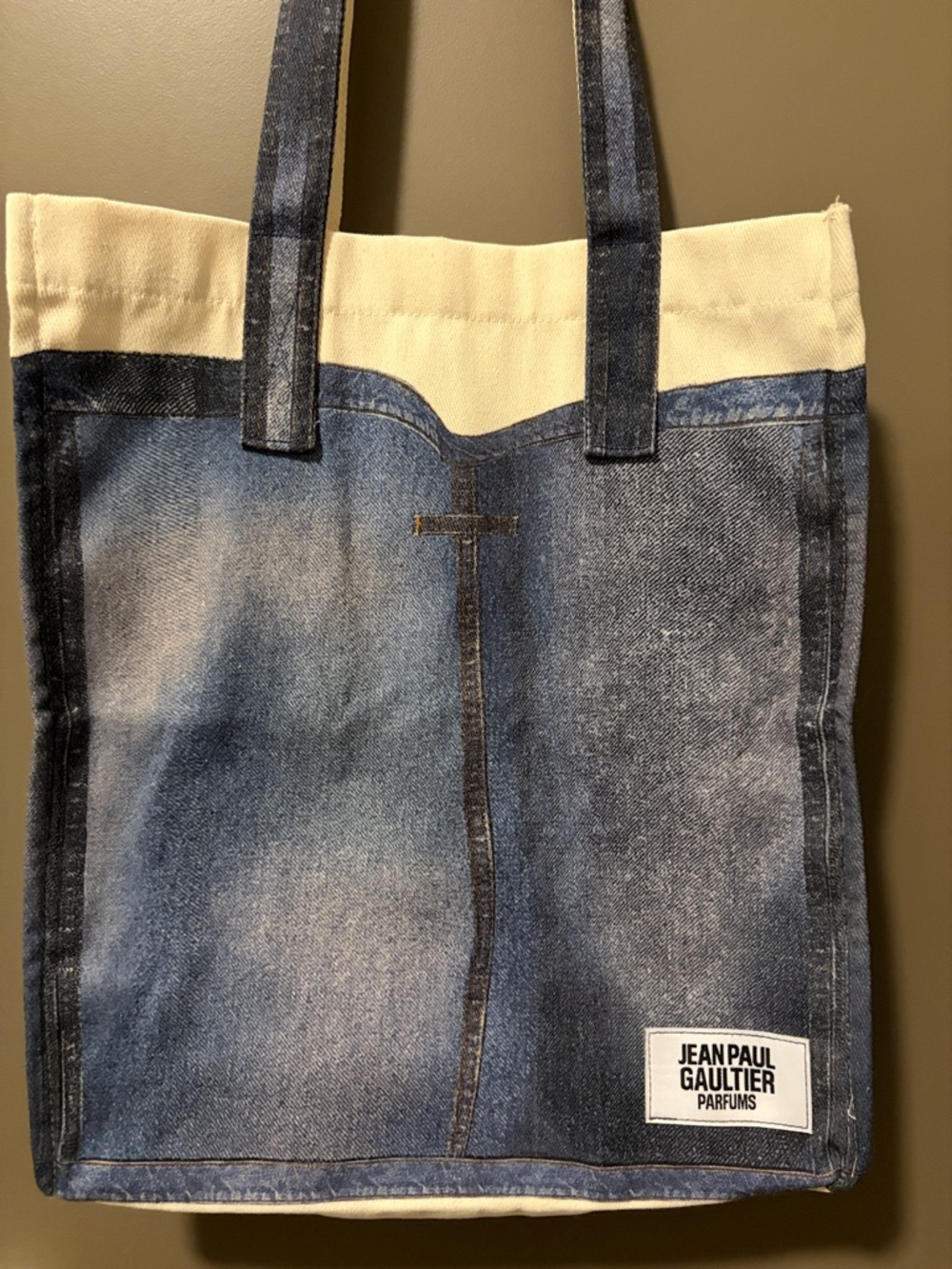 Jean Paul Gaultier Parfums Denim-Print Canvas Tote in Blue & Cream